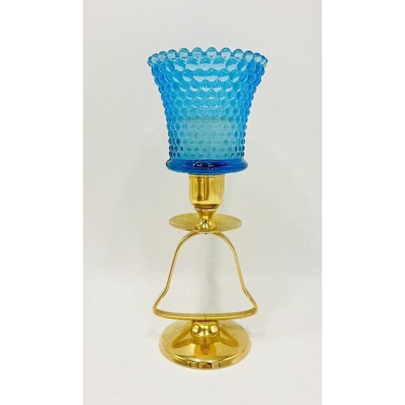 Vintage Sky Blue Hobnail Votive Candle Holder Bell Candlestick 7.5” Peg Glass - Picture 1 of 9